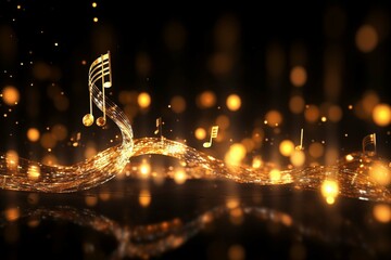 Music note on a black background, blurry lights, gold musical note, bokeh, abstract background,...