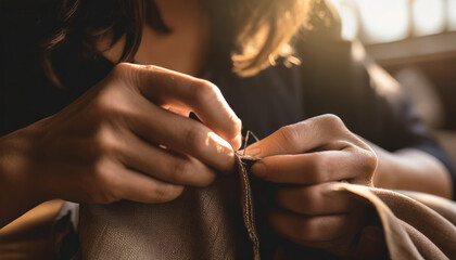 Handmade Craft: Closeup of Womens Hands Sewing with Needle and Thread