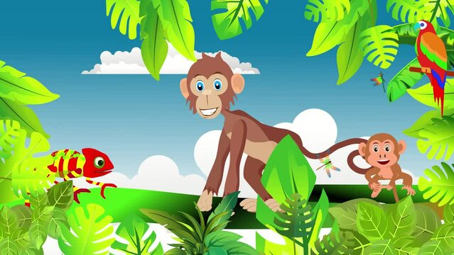 Cartoon jungle scene animation monkeys chameleons floral frames