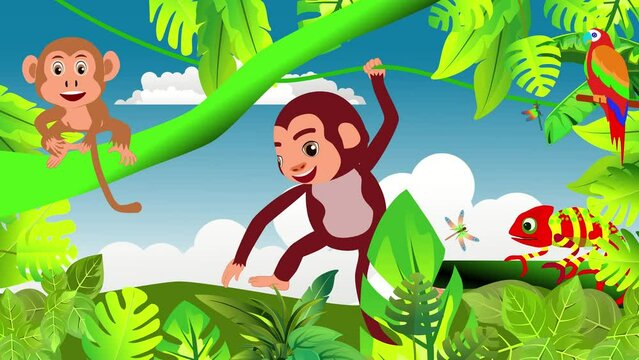 Cartoon jungle scene animation hunging monkeys chameleons floral frames