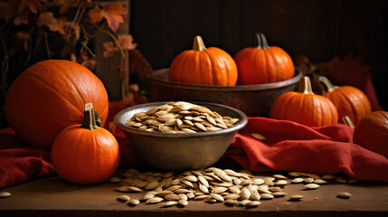 Roasted pumpkin seeds a nutritious snack, crunchy and flavorful, ideal for on-the-go munching - obrazy, fototapety, plakaty