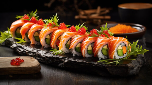 Fresh sushi collection an array of delectable fish and rice rolls, a Japanese