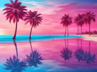 Fototapeta na wymiar hyper-realistic beach scene with palm trees, vibrant pink and blue tones, and crystal-clear waters, capturing tranquil beauty