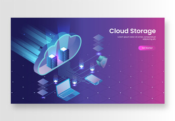 Cloud Storage Concept Based Landing Page, 3D Cloud Server Connected with Smartphone, Laptop and Security Shield.