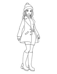 A stylish girl in a long wool coat, turtleneck sweater, hat, denim skirt and knee-high boots. Fashion coloring page illustration.