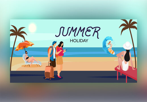 Summer Holiday Banner Design with Tourists Using Phone and Female Swimmer on Beach View.