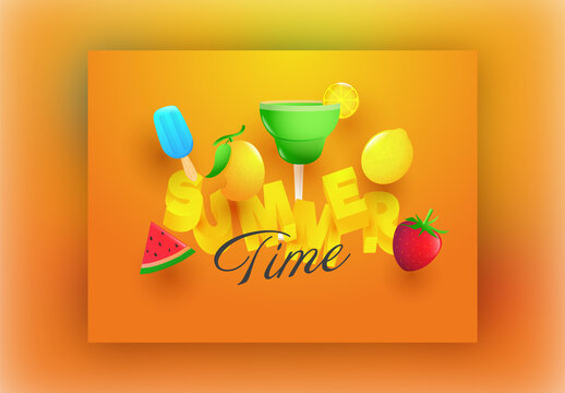 Summer Time Poster Design with Green Cocktail, Popsicle, Fruits Decorated on Orange Background.