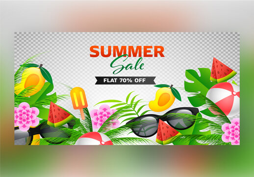 Summer Sale Banner Design Decorated with Tropical Leaves, Flowers, Fruits, Goggles and Popsicle on Png Background.