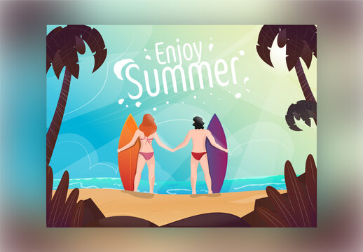 Enjoy Summer Time Based Poster Design with Back View of Surfer Characters on Natural Beach Background.