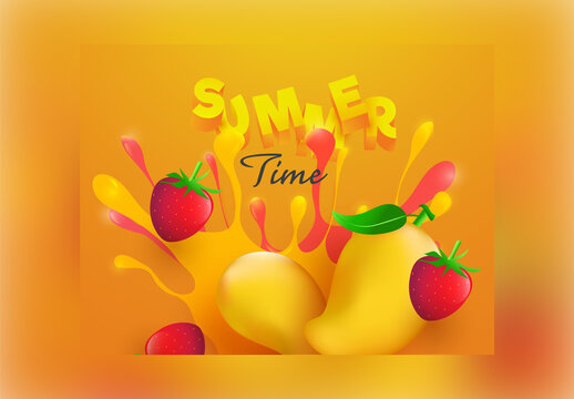 Summer Time Poster Design with Freshly Mangoes, Strawberries on Abstract Orange and Red Splash Background.
