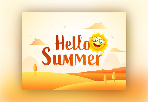 Hello Summer Poster Design with Funny Cartoon Sun on Desert Background.