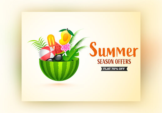 Advertising Poster Design with Summertime Elements on Pastel Yellow Background for Summer Season Offers.