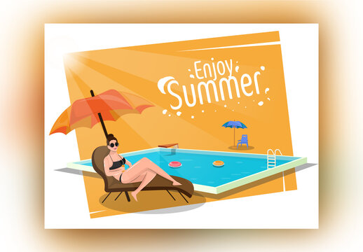 Enjoy Summer Holiday Poster Design with Modern Female Swimmer Relaxing on Sunbed Near Swimming Pool.