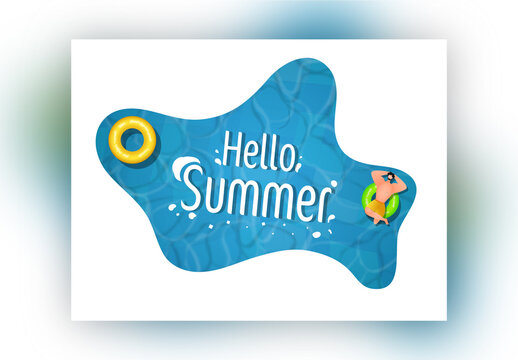 White Hello Summer Text and Top View of Swimmer Man Lying on Lifebuoy in Swimming Pool.