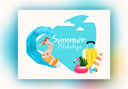 Summer Holidays Poster Design with Modern Female Surfer and Beach Elements on Blue and White Background.