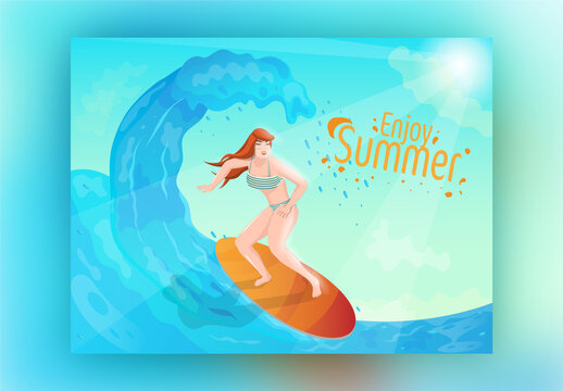 Modern Young Girl Surfing on Ocean or Beach Background for Enjoy Summertime Concept.