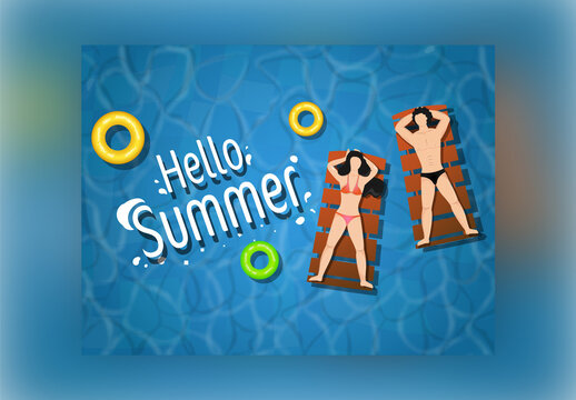 White Hello Summer Text with Top View of Young Man and Woman Swimmer Lying on Mattress in Swimming Pool.