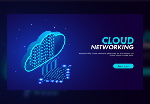 Cloud Networking Concept Based Landing Page Design with Isometric Cloud Server Connection in Blue Color.