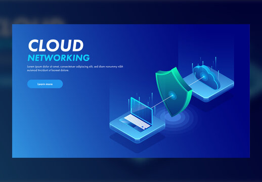 Cloud Networking Concept Based Landing Page, Isometric Security Shield Connected Between Laptop and Cloud Server.