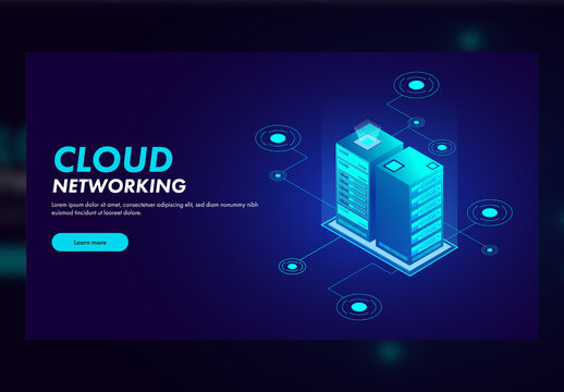 Cloud Networking Concept Based Landing Page Design with 3D Servers Connection.