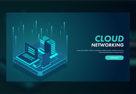 Cloud Networking Landing Page Design in Green Color, 3D Servers Connected with Digital Devices and Internet Box.