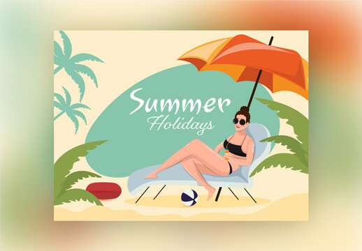 Summer Holidays Poster Design with Modern Female Swimmer Relaxing on Sunbed and Enjoying Drink.