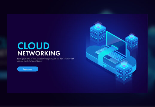 Cloud Networking Concept Based Landing Page with Isometric Local Servers, Cloud Server Connected to Laptop.