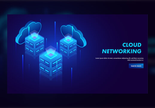 Cloud Networking Landing Page Design in Blue Color, 3D Local Servers Connected Cloud Server Between Emerging Shiny Digital Rays.