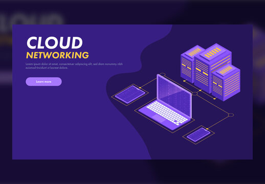 Cloud Networking Concept Based Landing Page Design, Isometric Servers Connected with Smart Devices.