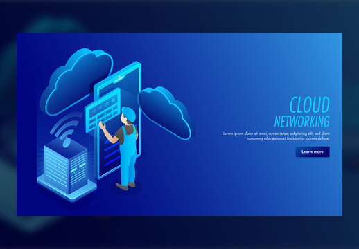 Cloud Networking Concept Based Landing Page, Isometric View of Man Protecting His Data with Password in Smartphone and Server.