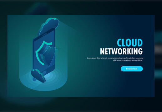 Cloud Networking Concept Based Landing Page Design with 3D Security Shield in Smartphone Screen and Clouds.