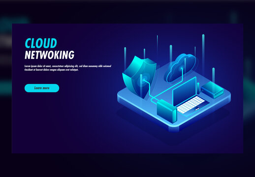 Cloud Networking Landing Page Design, 3D Security Shield with Cloud Connected from Internet Box and Laptop,