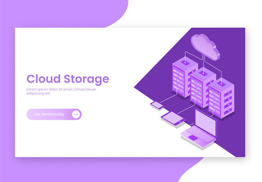 Cloud Storage Concept Based Landing Page Design, 3D Cloud Server Connected with Three Local Server and Digital Devices.