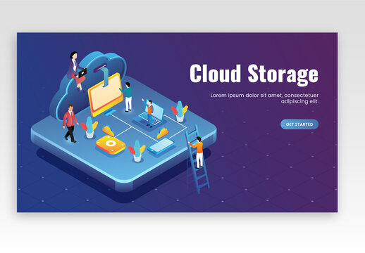 Cloud Storage Concept Based Landing Page Design, Business People Working Together with Digital Devices Connected to Cloud Server.