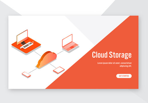 Cloud Storage Concept Based Landing Page Design in Orange and White Color, Isometric Digital Devices Connected with Cloud Server.