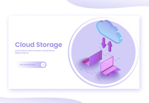 Cloud Storage Concept Based Landing Page Design with Two Laptop Connected Cloud Data Server Uploading and Downloading.