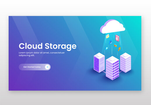 Cloud Storage Concept Based Landing Page with Isometric Servers Connected by Cloud Server and Business Essential Elements.