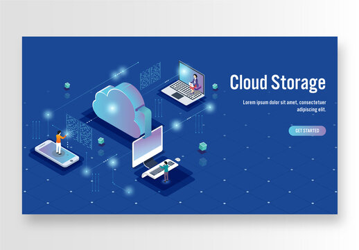 Cloud Storage Concept Based Landing Page, 3D Cloud Server Connected with Digital Devices and Business People on Blue Background.