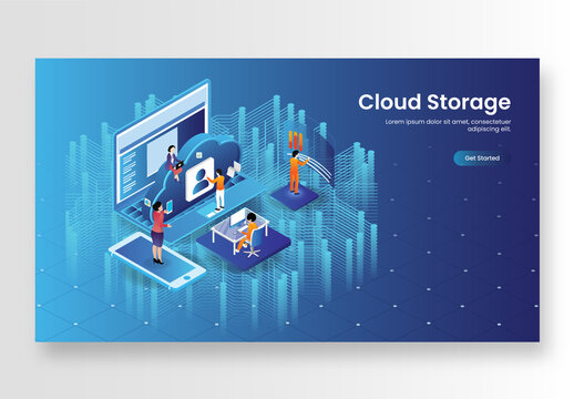 Cloud Storage Concept Based Landing Page Design in Blue Color, Business People Manage Data in 3D Cloud Server with Digital Devices.