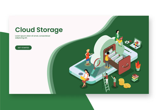 Cloud Storage Concept Based Landing Page Design in Green and White Color, Business People Manage Data in Cloud Server at Smartphone Screen.