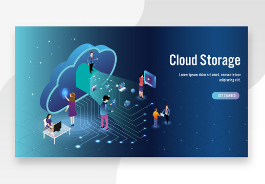 Cloud Storage Concept Based Landing Page Design in Blue Color, Business People Manage Data in Cloud Server and Circuit Board.