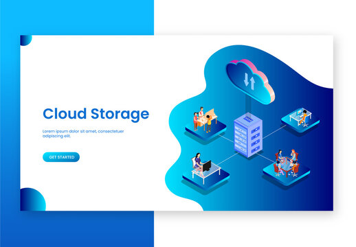 Cloud Storage Concept Based Landing Page Design, Business People Working at Different Platforms Connected with Cloud Server.