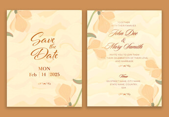 Floral Wedding Invitation Card Template Layout with Event Details in Yellow Color.