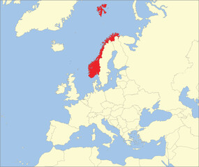Red CMYK national map of NORWAY inside detailed beige blank political map of European continent on blue background using Mollweide projection - obrazy, fototapety, plakaty