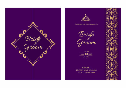 Purple and Golden Color Wedding Invitation Card with Double-Side for Islamic Religion.
