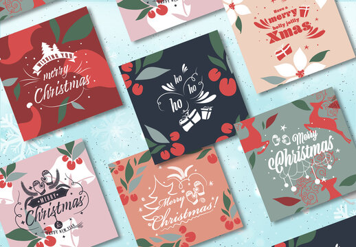 Social Media Square Posts or Greeting Card Set for Merry Christmas Celebration.
