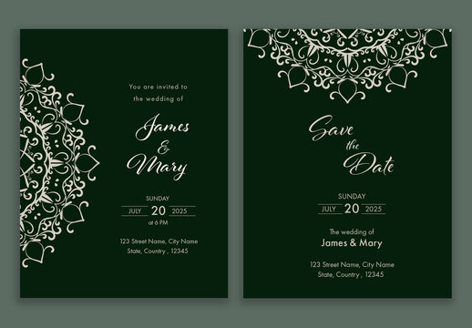 Islamic Wedding Invitation Cards with Mandala Pattern in Green Color.