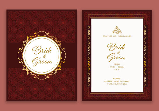 Double-Side of Islamic Wedding Invitation Card with Arabic Pattern in Red, White and Golden Color.