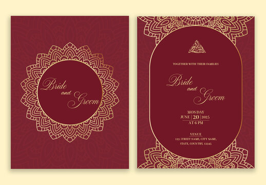 Double-Side of Islamic Wedding Invitation Card with Arabic or Mandala Pattern in Red and Golden Color.