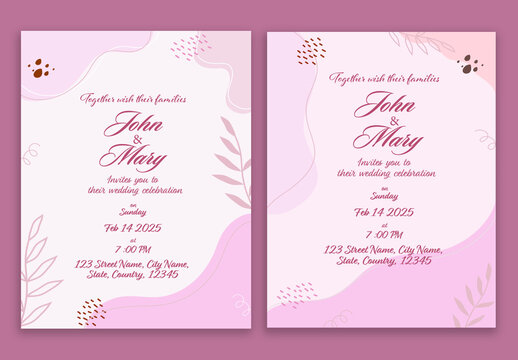 Wedding Invitation Card Template Layout with Event Details in Pink Color.
